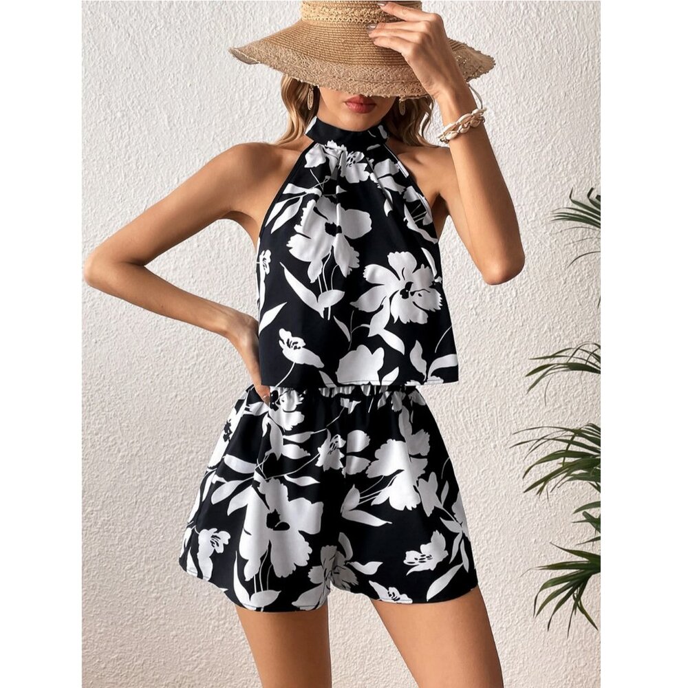 Floral black and white shorts and top two piece set
